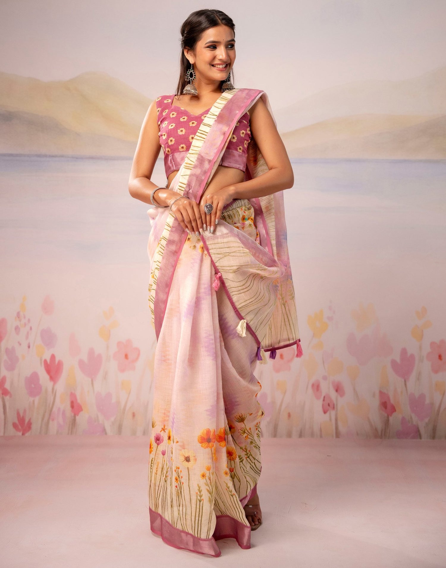 Light Pink Linen Printed Zari Border Saree