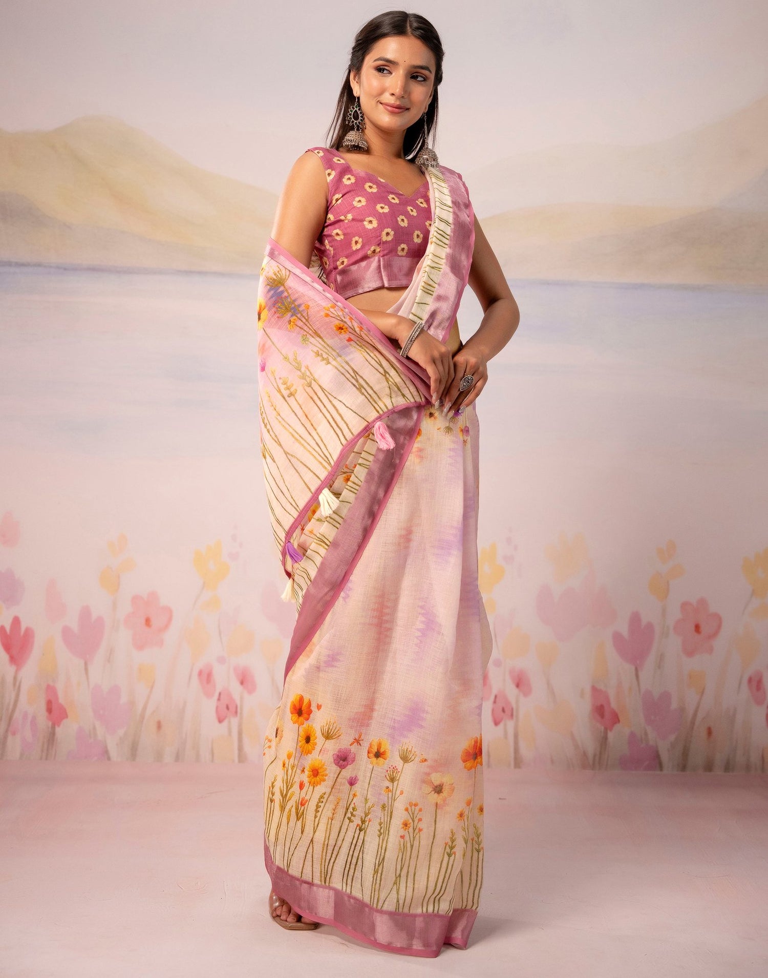 Light Pink Linen Printed Zari Border Saree