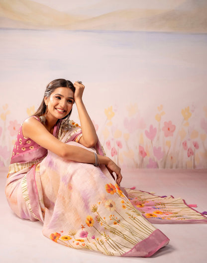 Light Pink Linen Printed Zari Border Saree