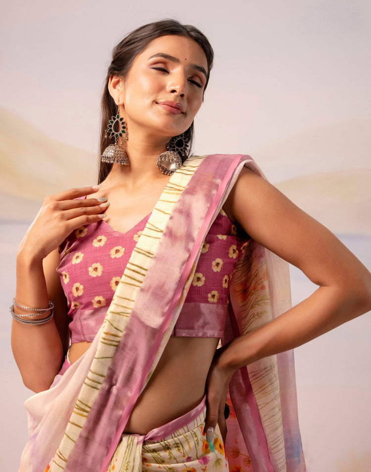 Light Pink Linen Printed Zari Border Saree