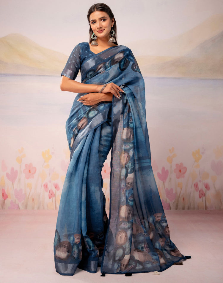 Dusty Blue Linen Printed Zari Border Saree