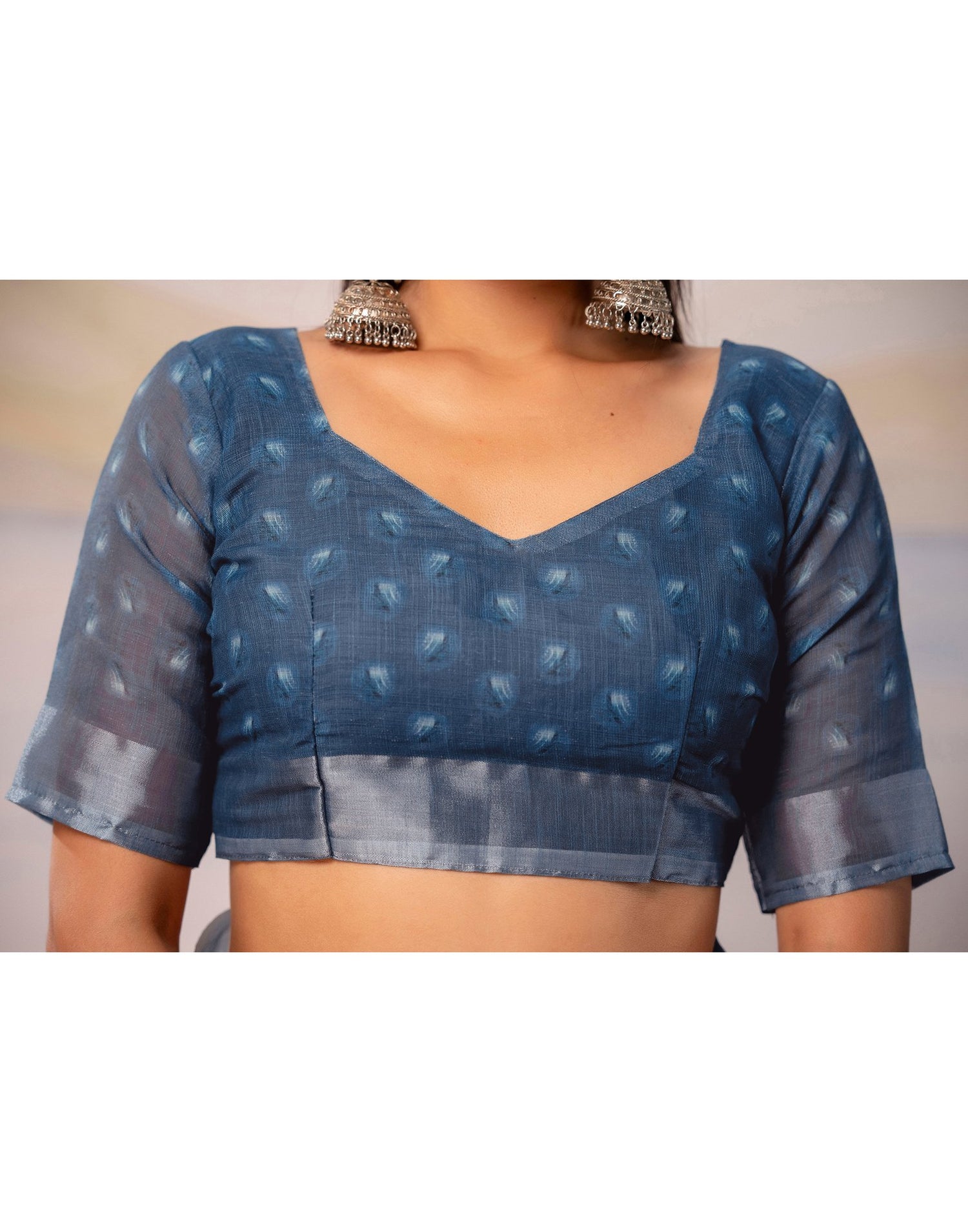 Dusty Blue Linen Printed Zari Border Saree