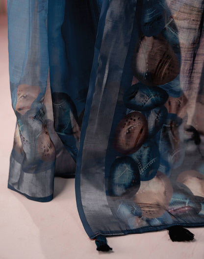 Dusty Blue Linen Printed Zari Border Saree