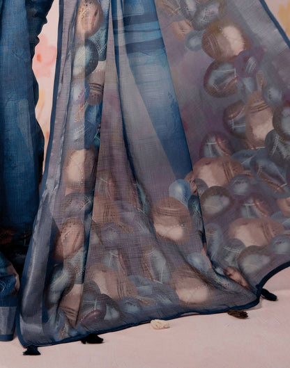 Dusty Blue Linen Printed Zari Border Saree