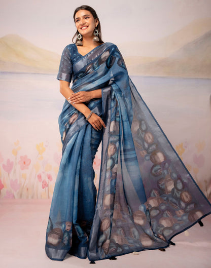 Dusty Blue Linen Printed Zari Border Saree