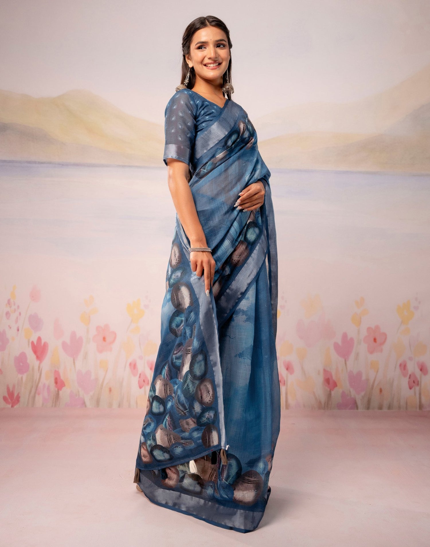 Dusty Blue Linen Printed Zari Border Saree