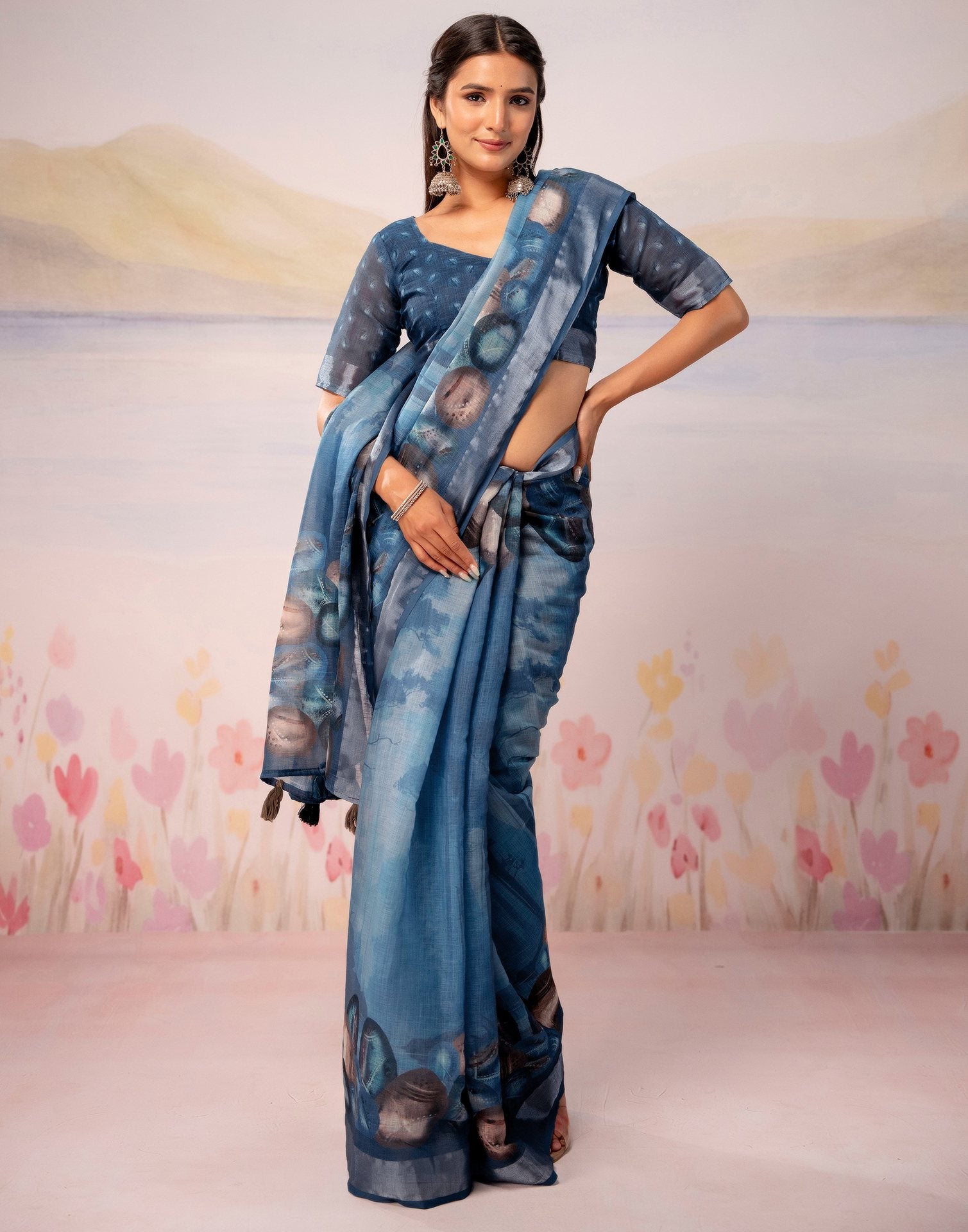 Dusty Blue Linen Printed Zari Border Saree