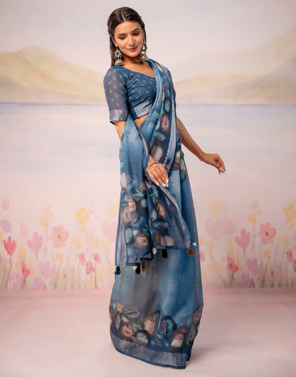 Dusty Blue Linen Printed Zari Border Saree