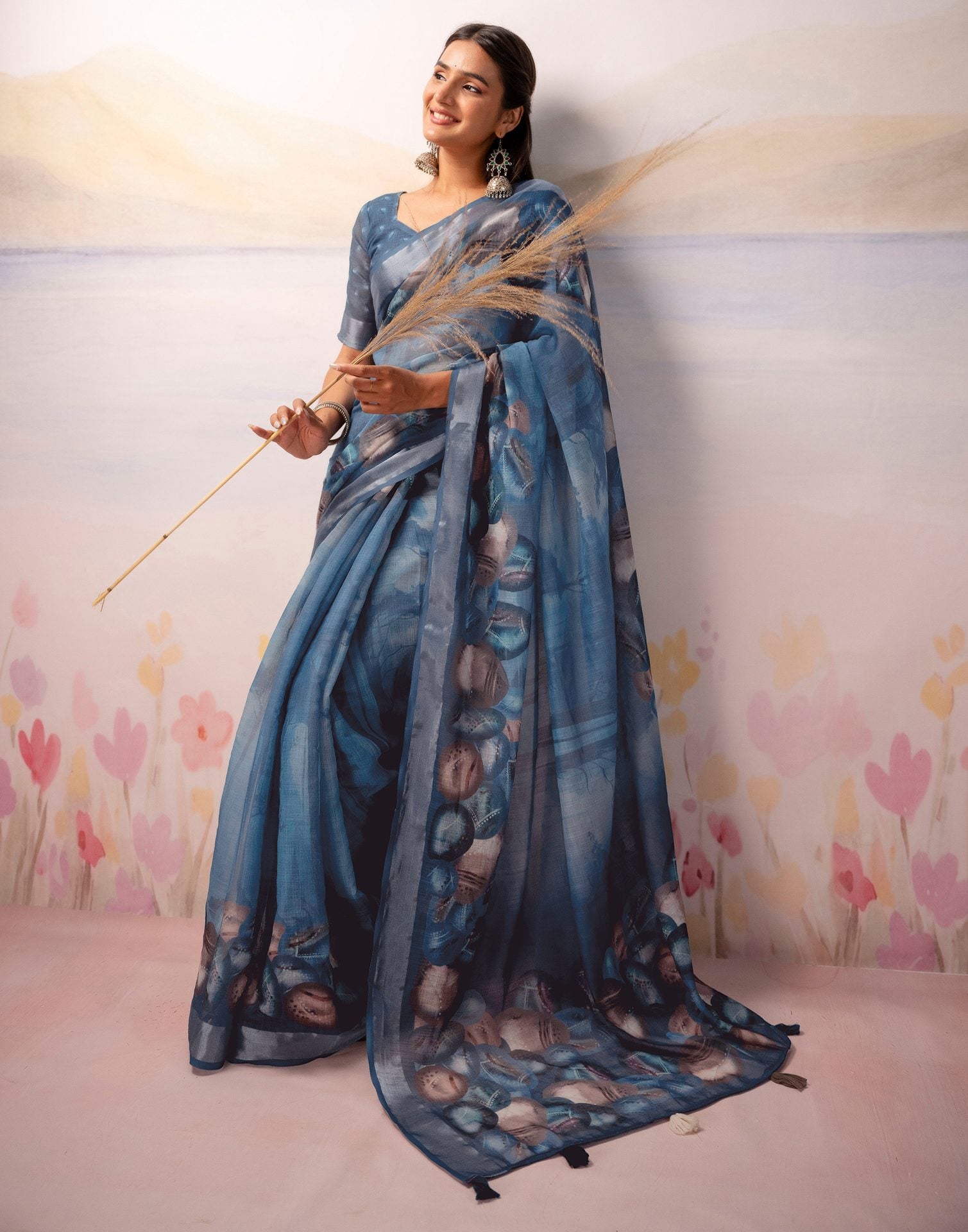Dusty Blue Linen Printed Zari Border Saree