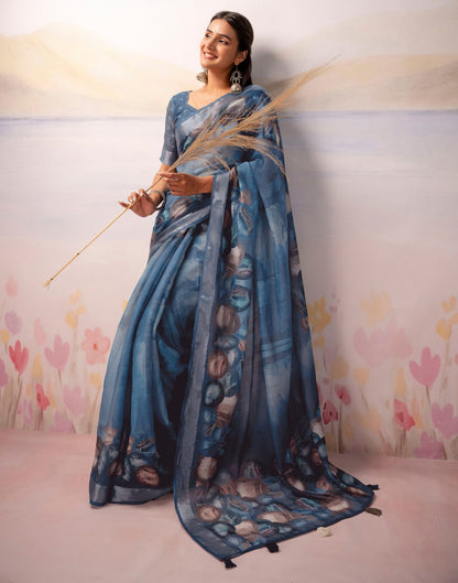 Dusty Blue Linen Printed Zari Border Saree