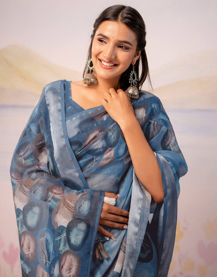 Dusty Blue Linen Printed Zari Border Saree