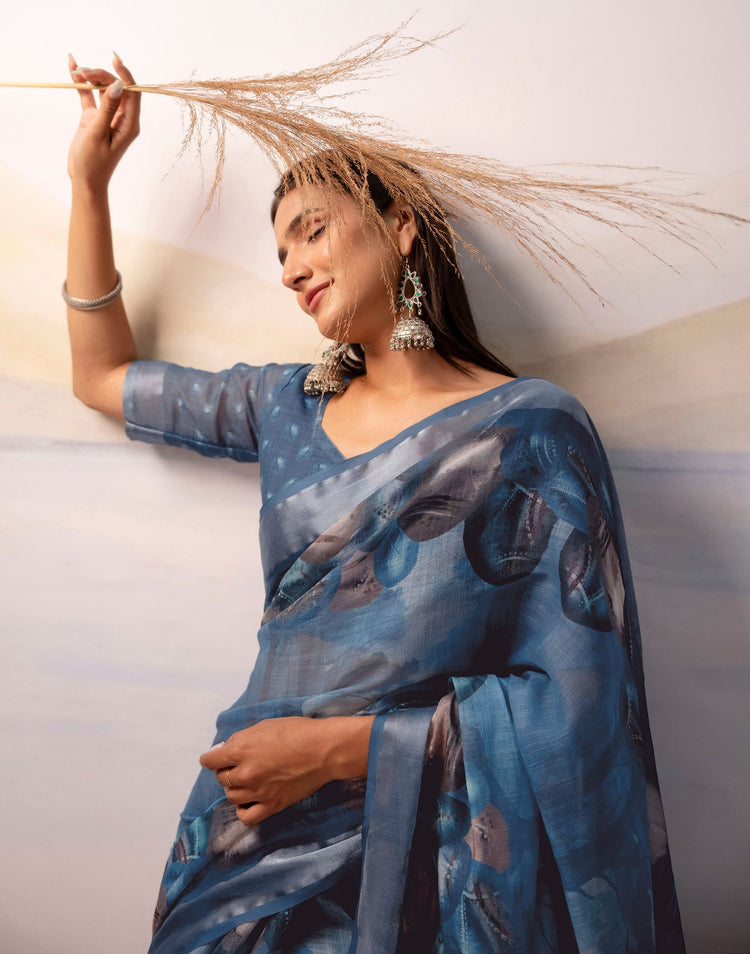 Dusty Blue Linen Printed Zari Border Saree