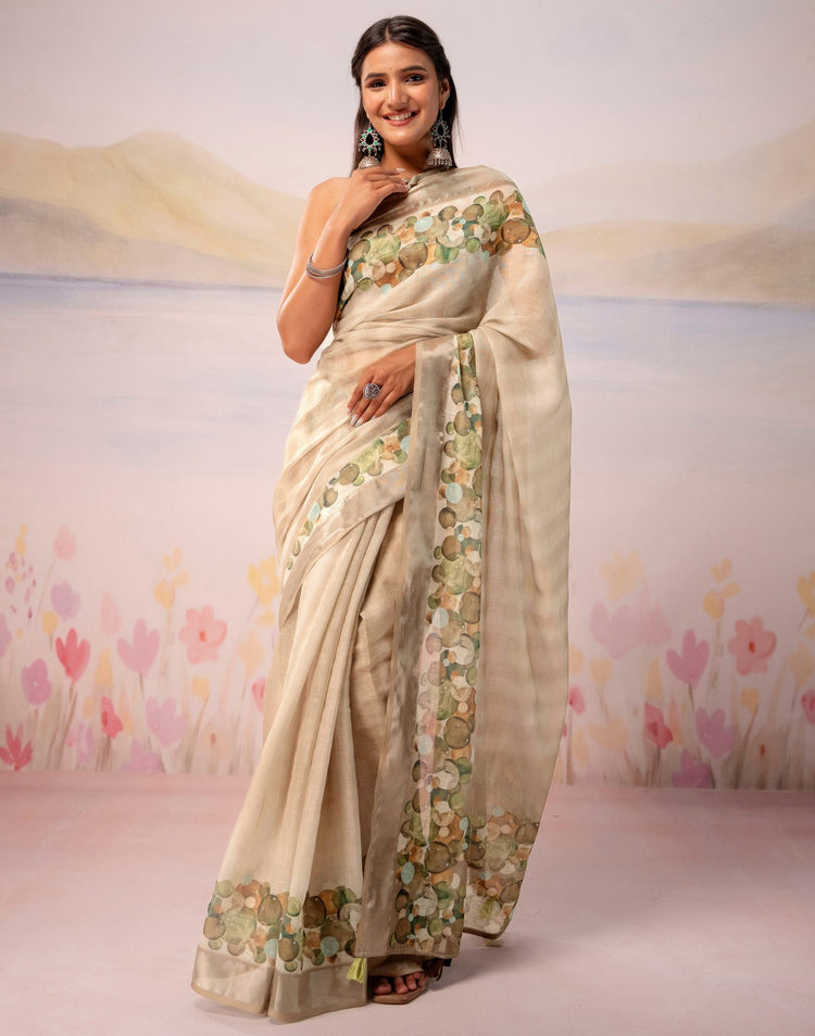 Beige Linen Printed Zari Border Saree