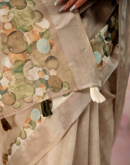 Beige Linen Printed Zari Border Saree