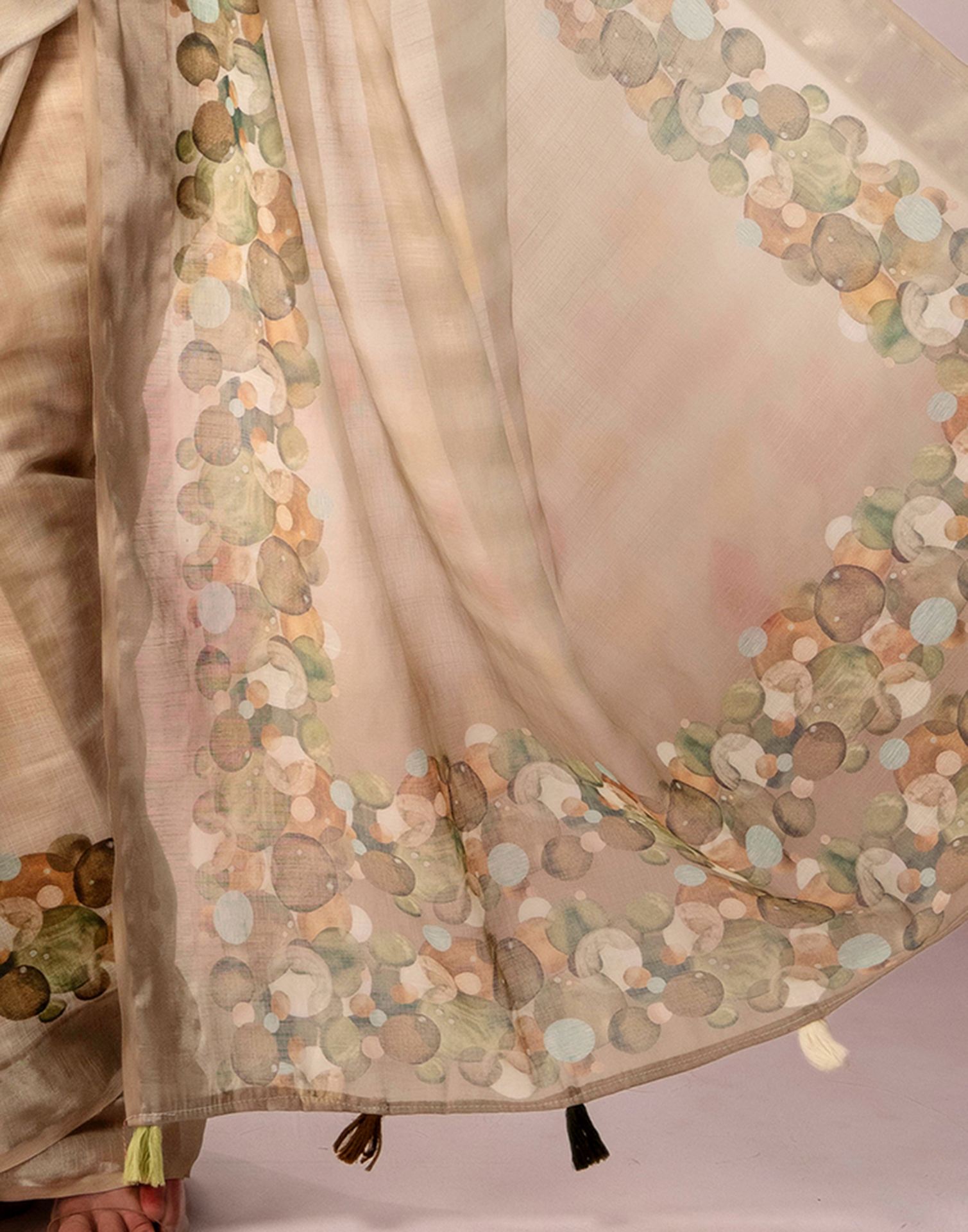Beige Linen Printed Zari Border Saree