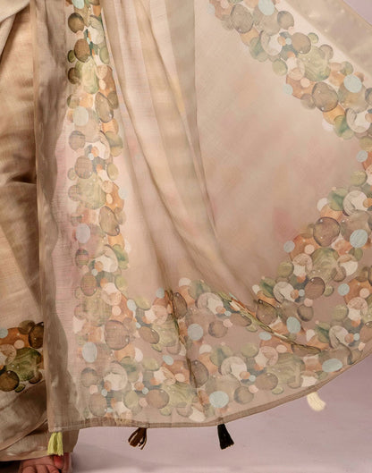 Beige Linen Printed Zari Border Saree
