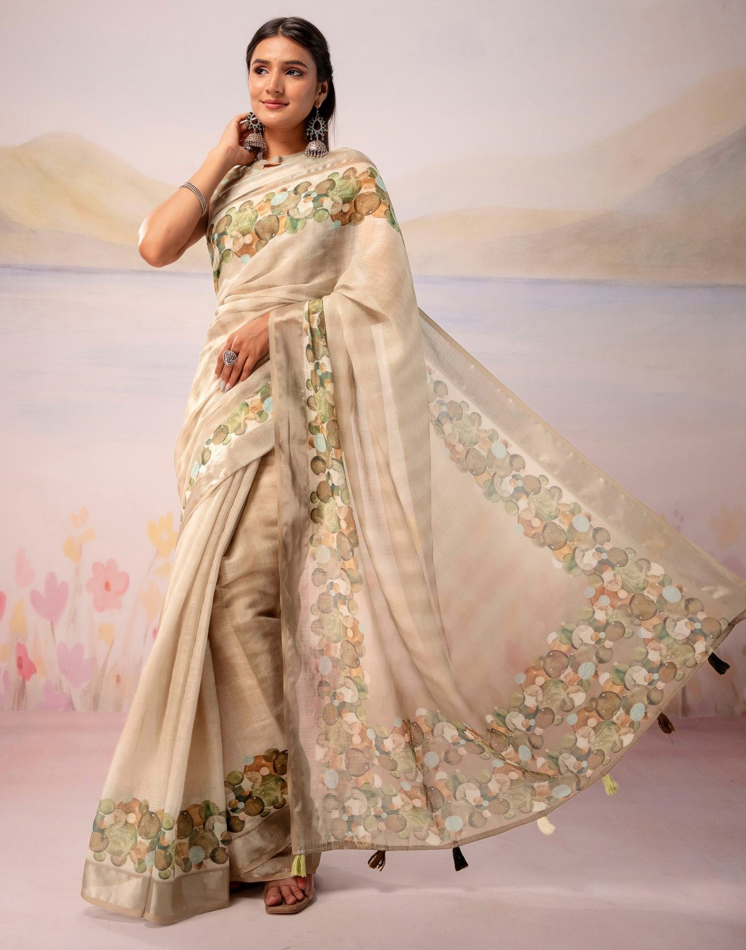 Beige Linen Printed Zari Border Saree