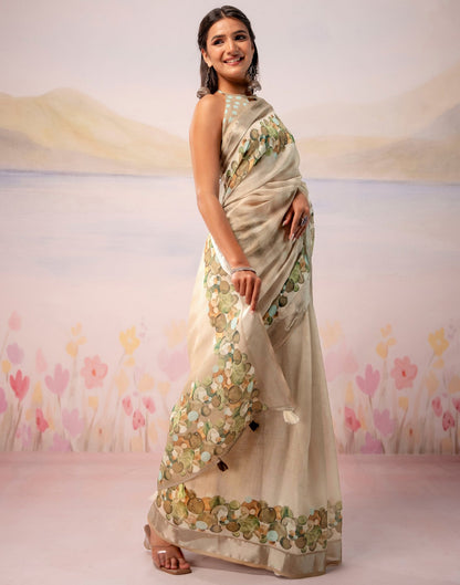 Beige Linen Printed Zari Border Saree