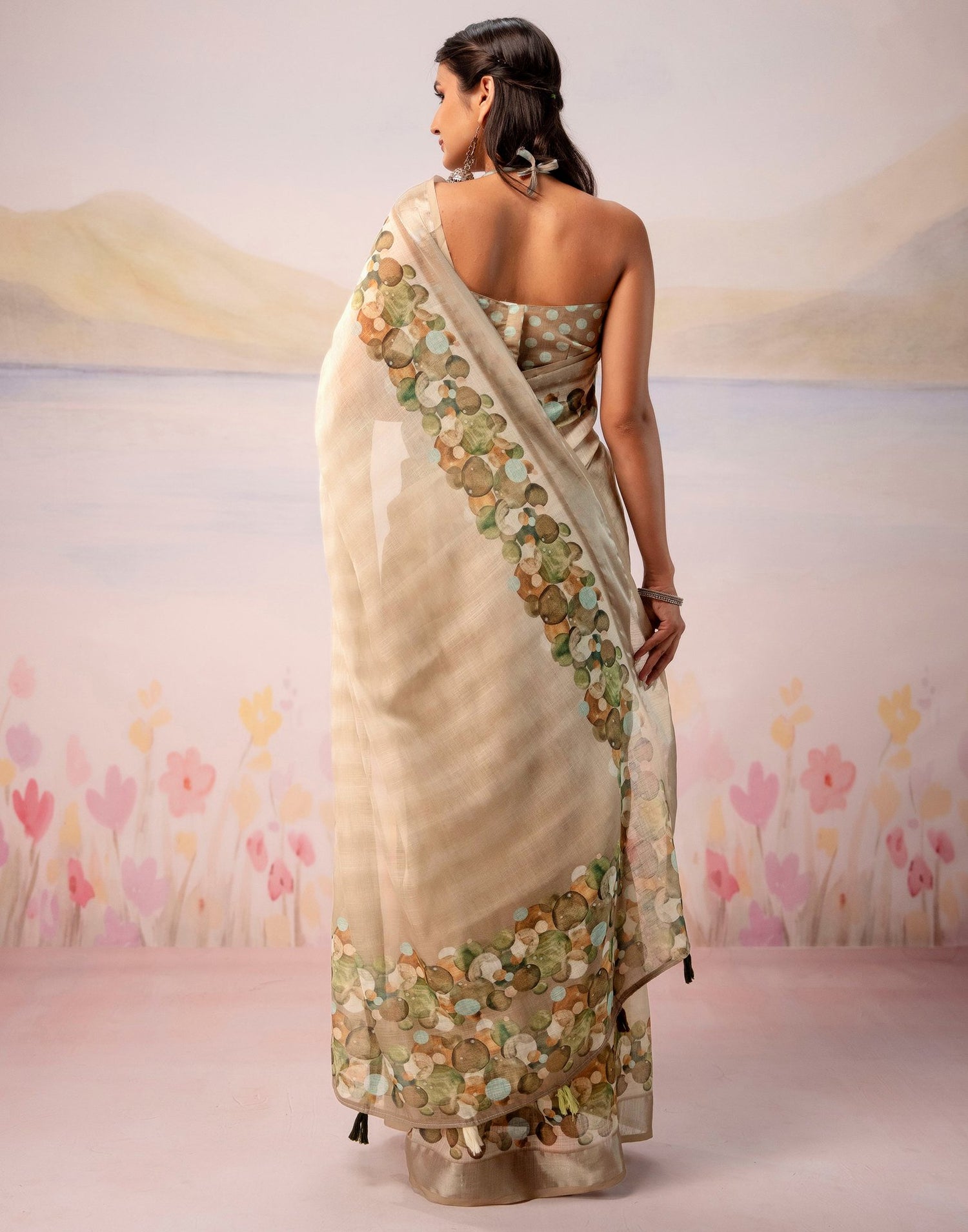 Beige Linen Printed Zari Border Saree
