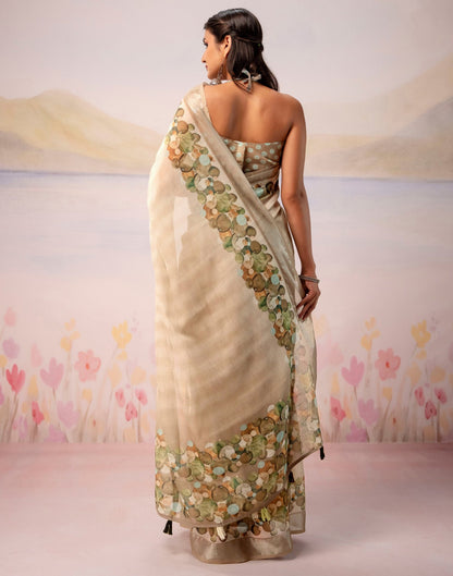 Beige Linen Printed Zari Border Saree