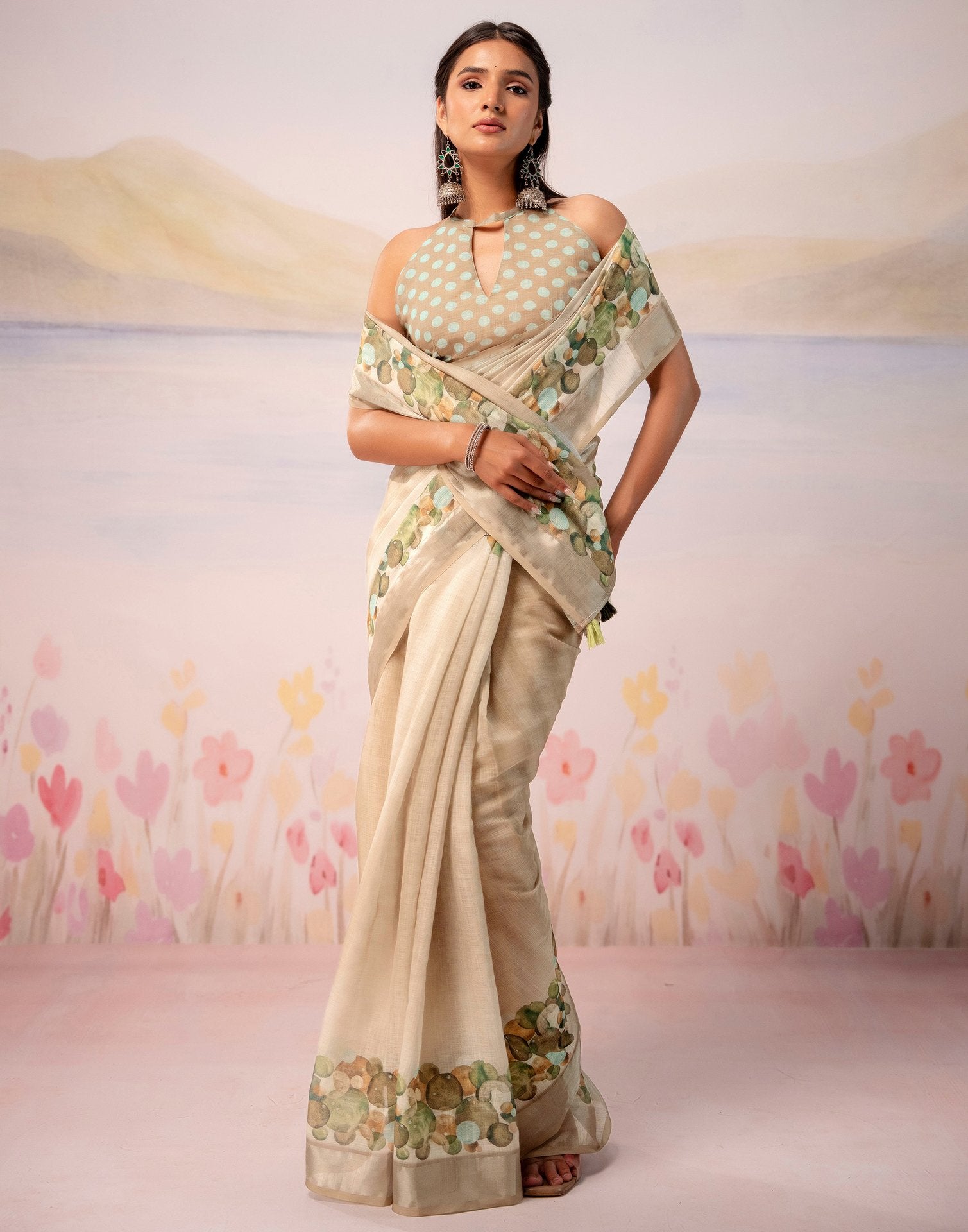 Beige Linen Printed Zari Border Saree