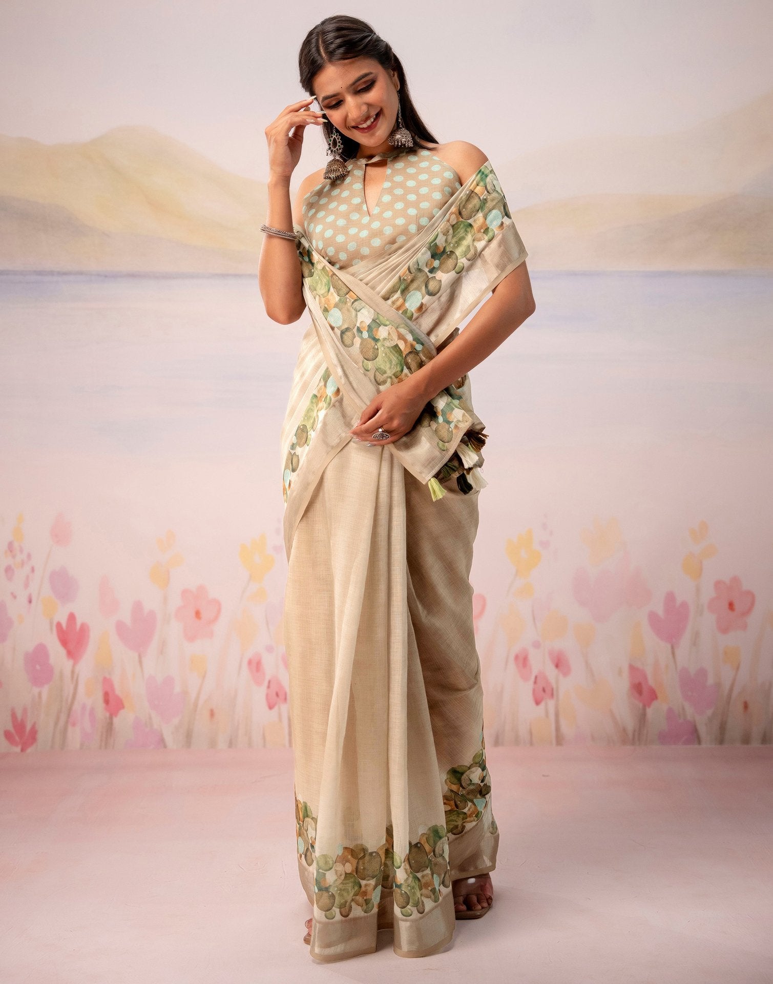 Beige Linen Printed Zari Border Saree