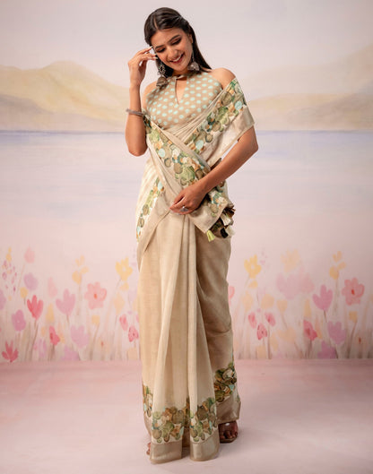 Beige Linen Printed Zari Border Saree