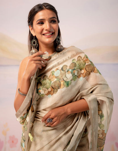Beige Linen Printed Zari Border Saree