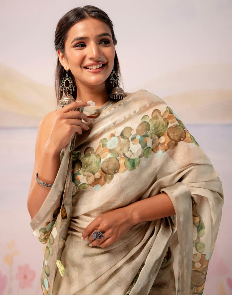 Beige Linen Printed Zari Border Saree
