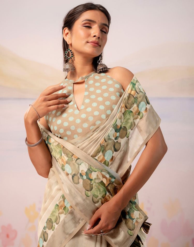 Beige Linen Printed Zari Border Saree