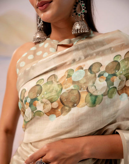 Beige Linen Printed Zari Border Saree