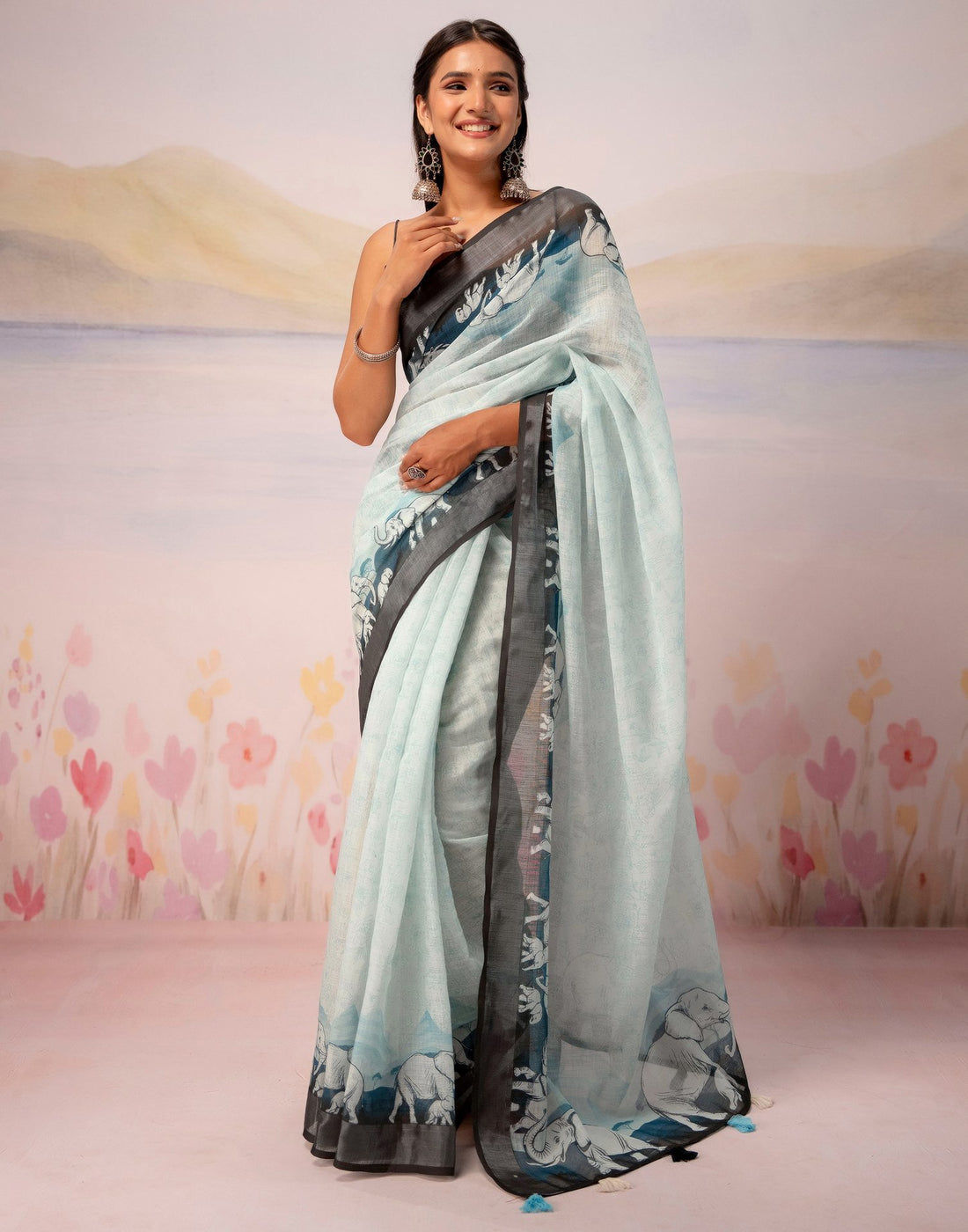 Light Mint Blue Linen Printed Zari Border Saree