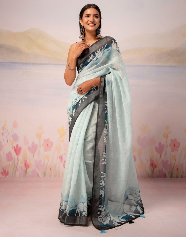 Light Mint Blue Linen Printed Zari Border Saree