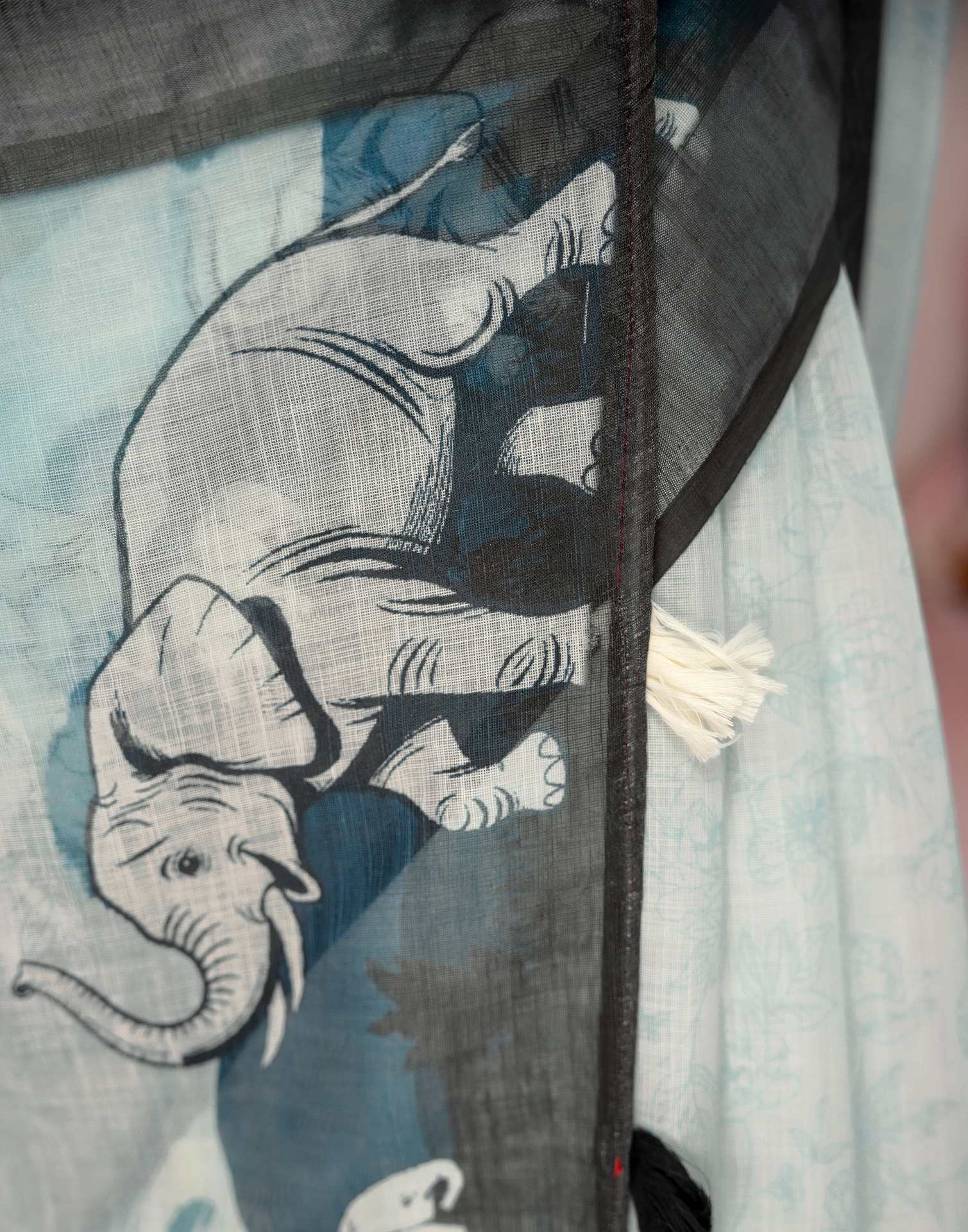 Light Mint Blue Linen Printed Zari Border Saree