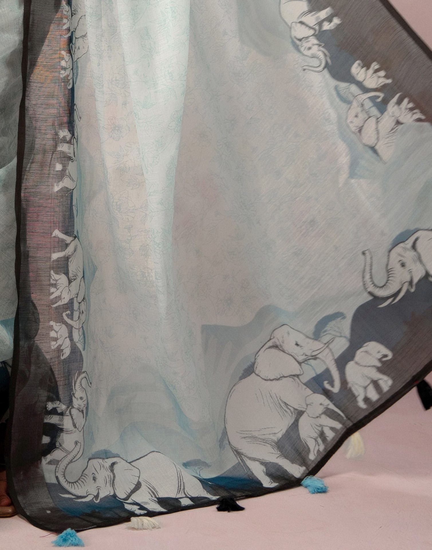 Light Mint Blue Linen Printed Zari Border Saree