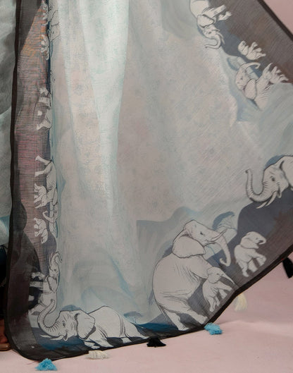 Light Mint Blue Linen Printed Zari Border Saree