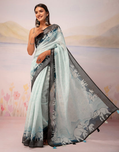 Light Mint Blue Linen Printed Zari Border Saree