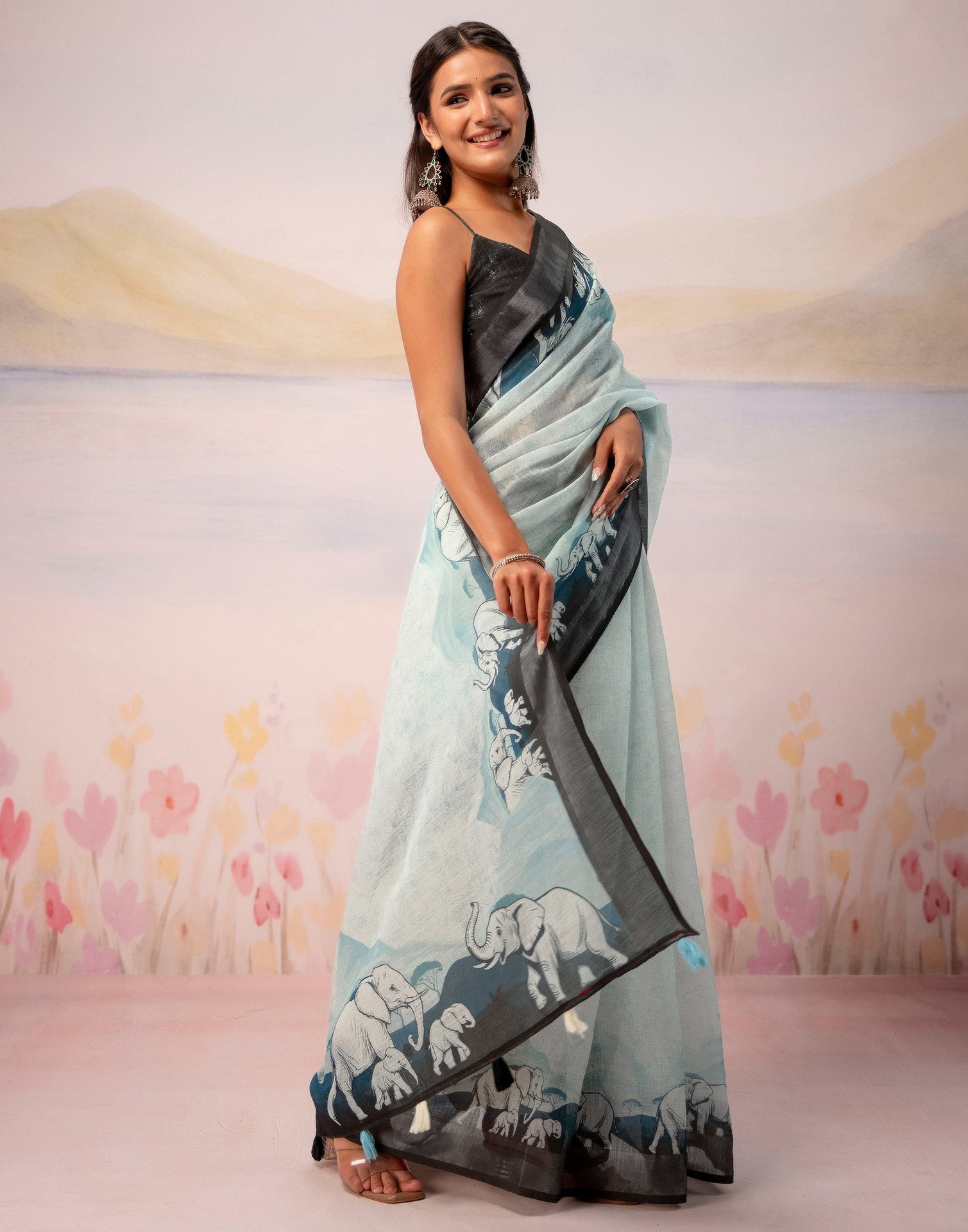 Light Mint Blue Linen Printed Zari Border Saree