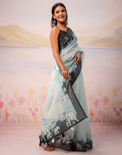 Light Mint Blue Linen Printed Zari Border Saree