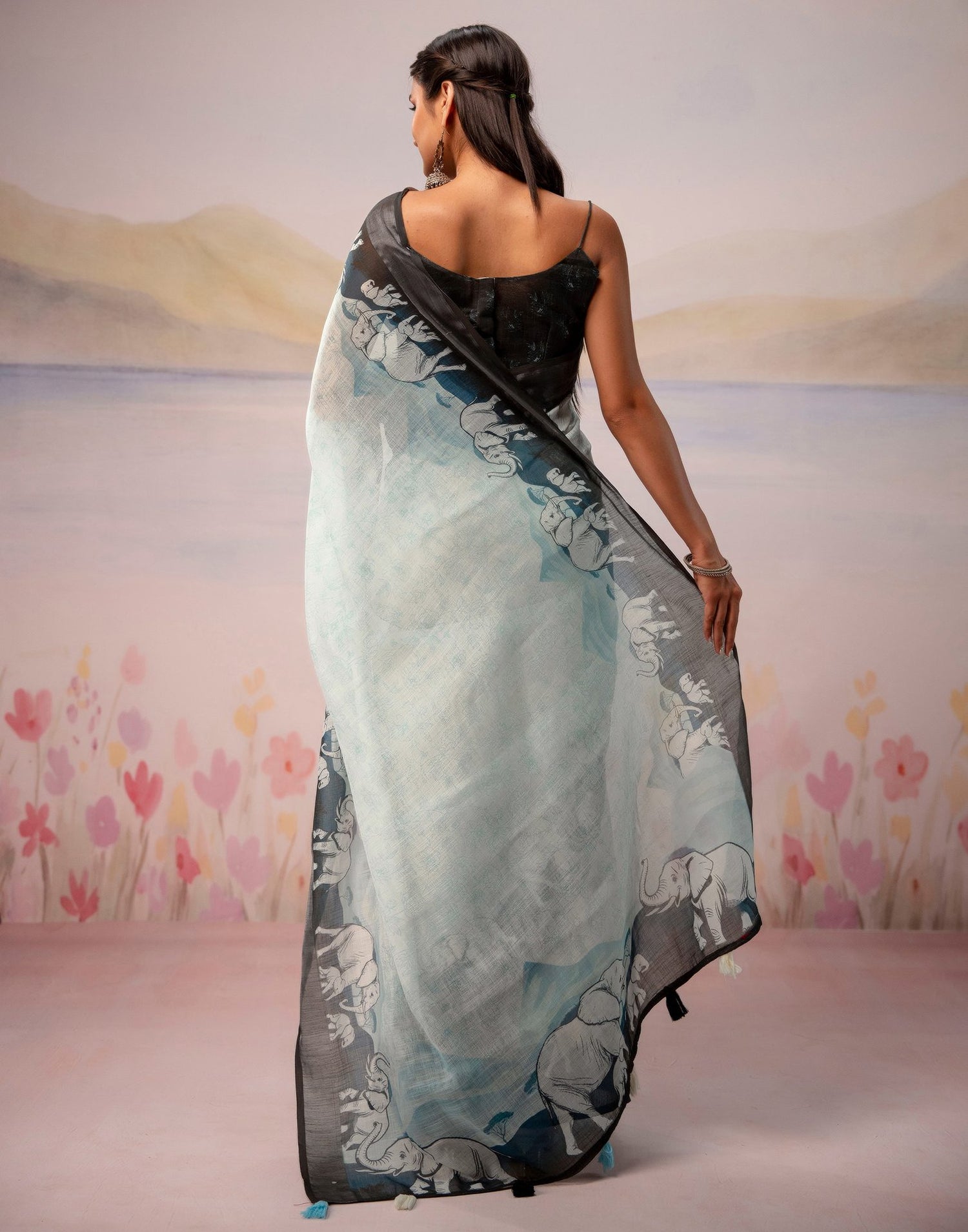Light Mint Blue Linen Printed Zari Border Saree