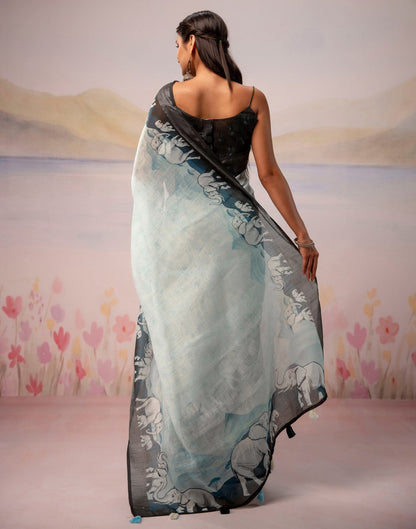 Light Mint Blue Linen Printed Zari Border Saree