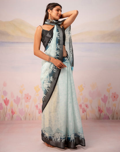 Light Mint Blue Linen Printed Zari Border Saree