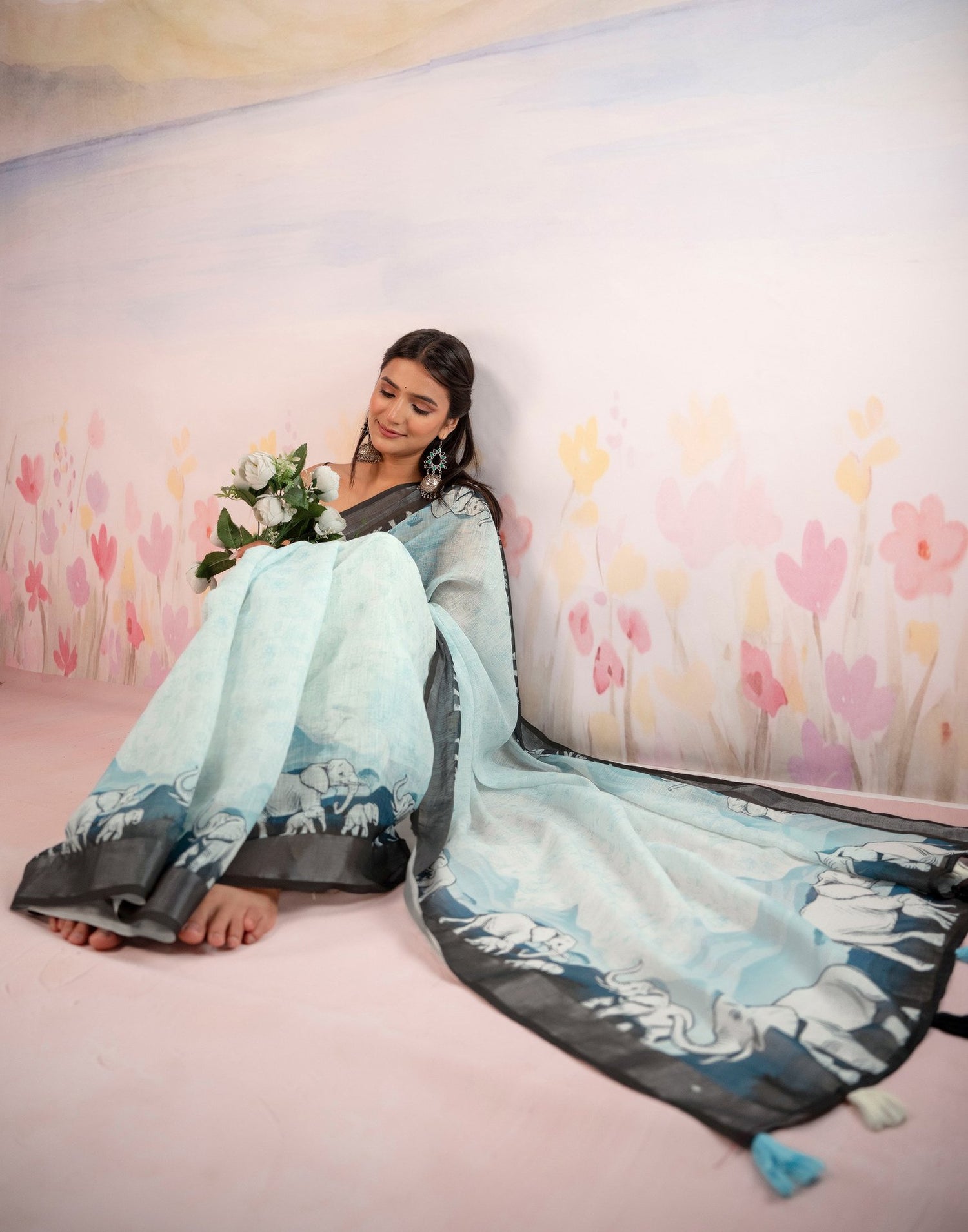 Light Mint Blue Linen Printed Zari Border Saree