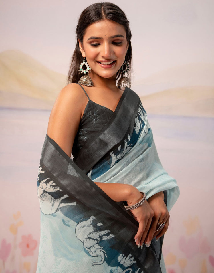 Light Mint Blue Linen Printed Zari Border Saree