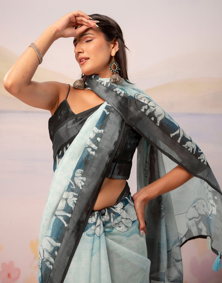 Light Mint Blue Linen Printed Zari Border Saree