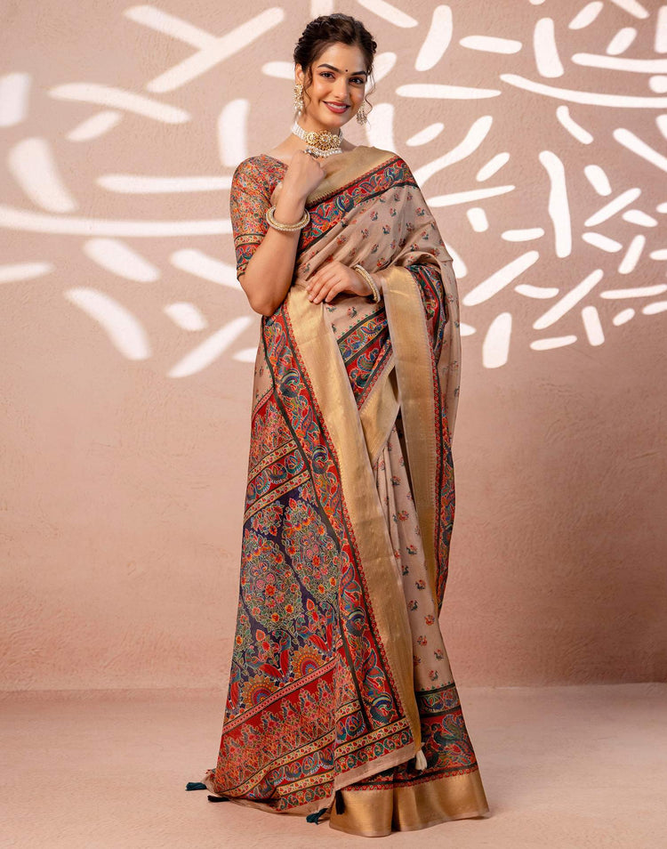 Dark Beige Silk Kalamkari Woven Border Saree