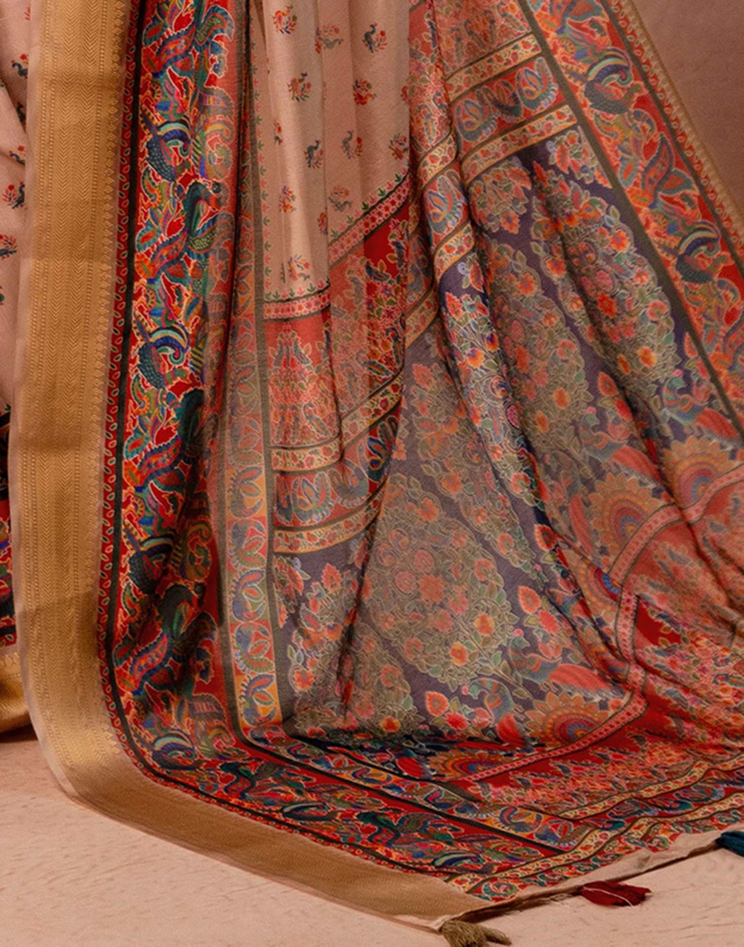 Dark Beige Silk Kalamkari Woven Border Saree