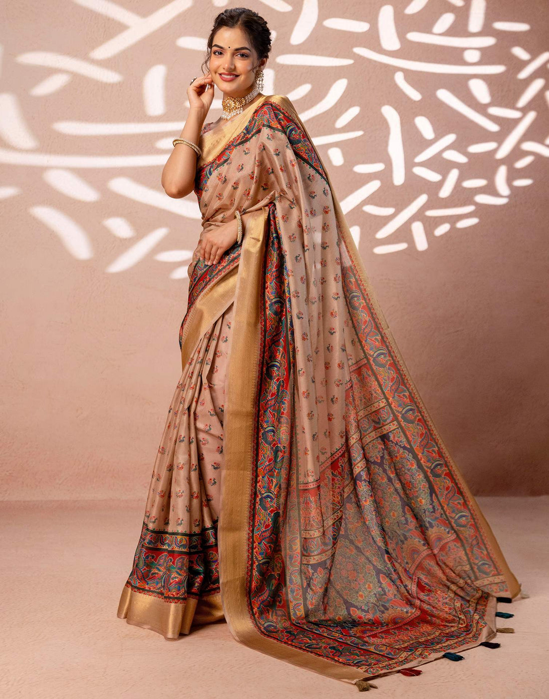 Dark Beige Silk Kalamkari Woven Border Saree