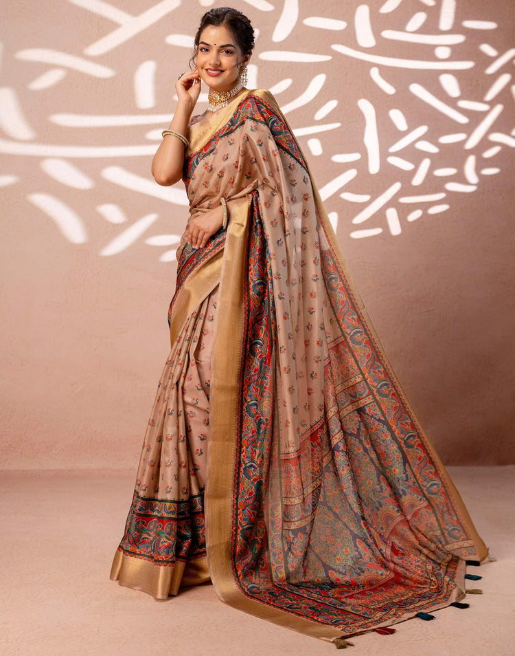 Dark Beige Silk Kalamkari Woven Border Saree