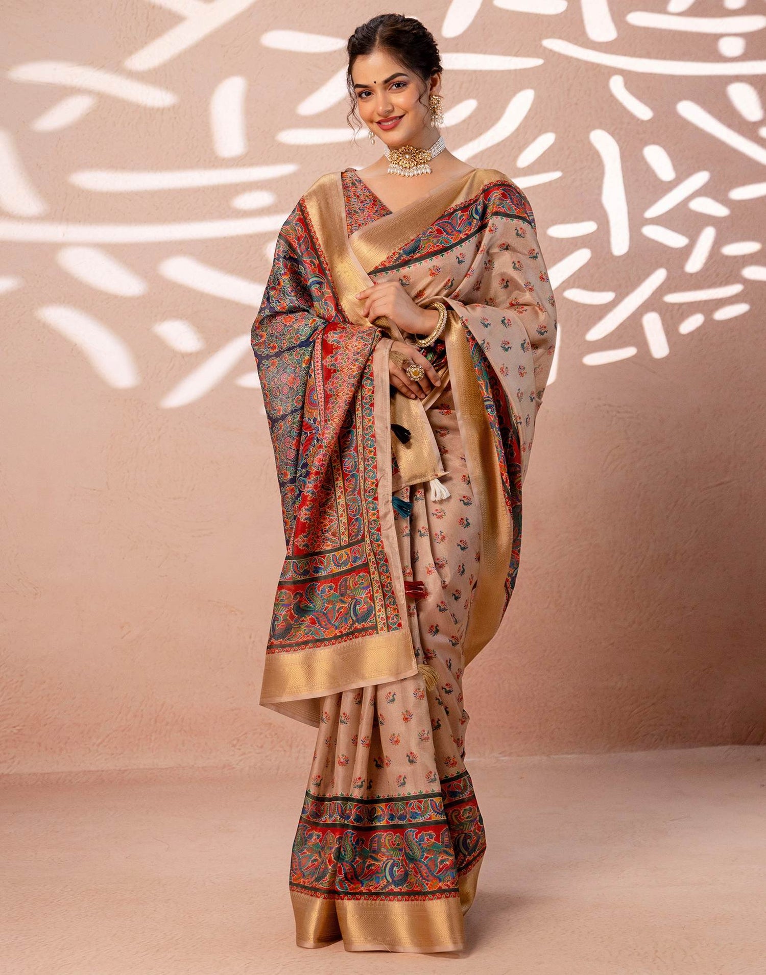 Dark Beige Silk Kalamkari Woven Border Saree